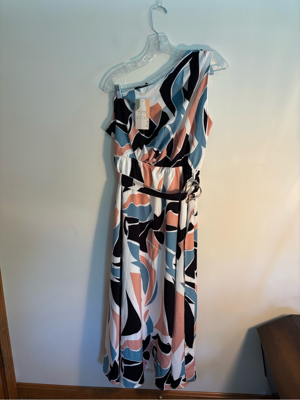 BTFBM Abstract Print One-Shoulder Maxi Dress in Blue, Black & Coral